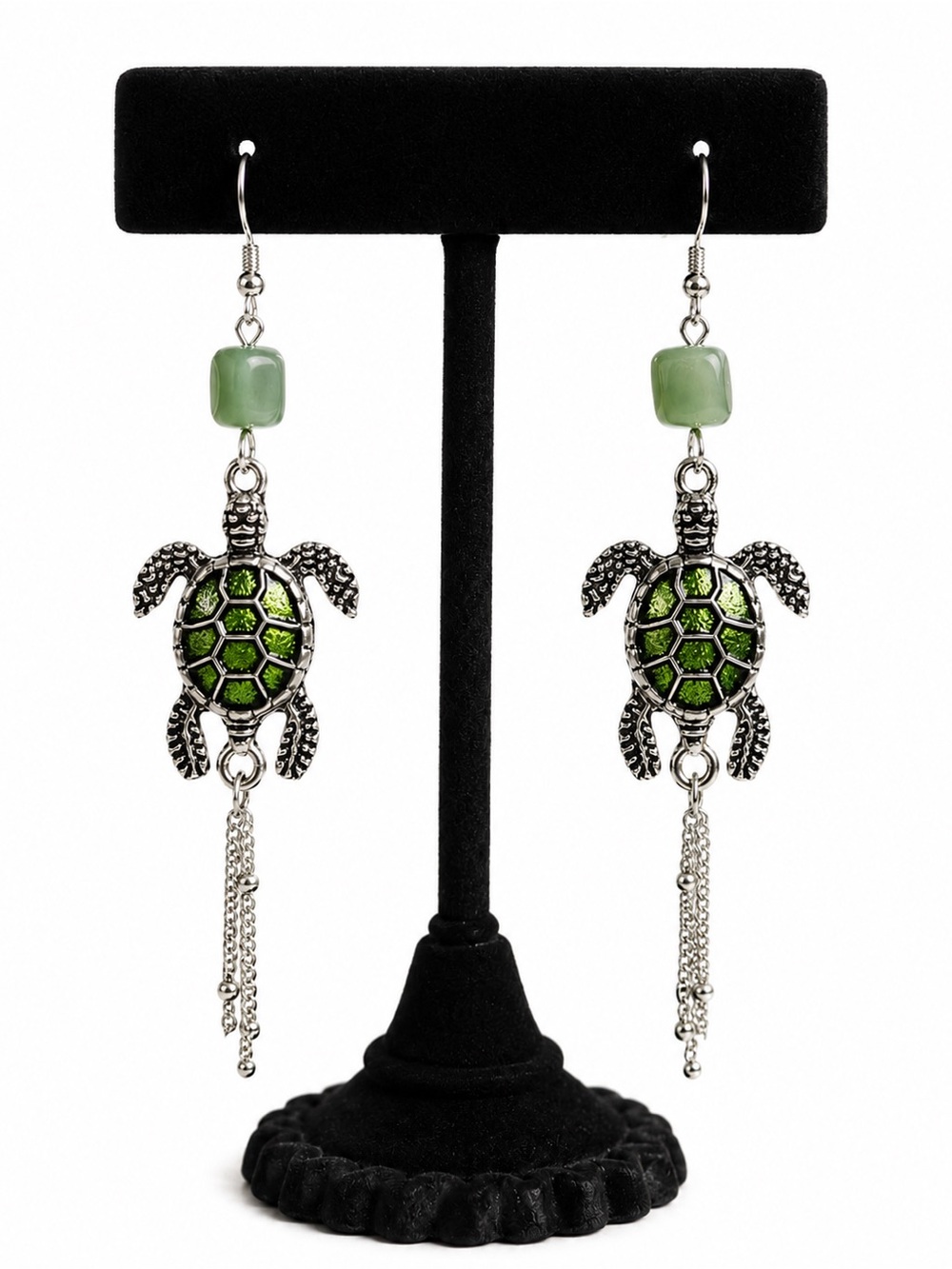 Green Turtle Drop Earrings - Handmade